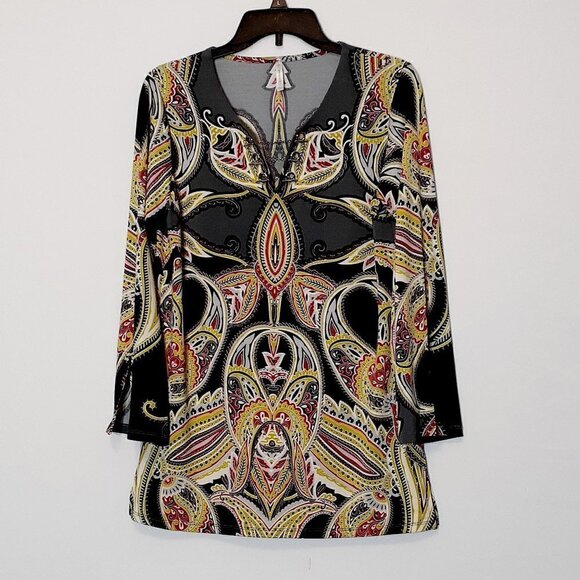 PASSPORTS Asian Design Jersey Tunic w Silver Chains; Black/Lime/Fuchsia; Size S - Picture 1 of 5